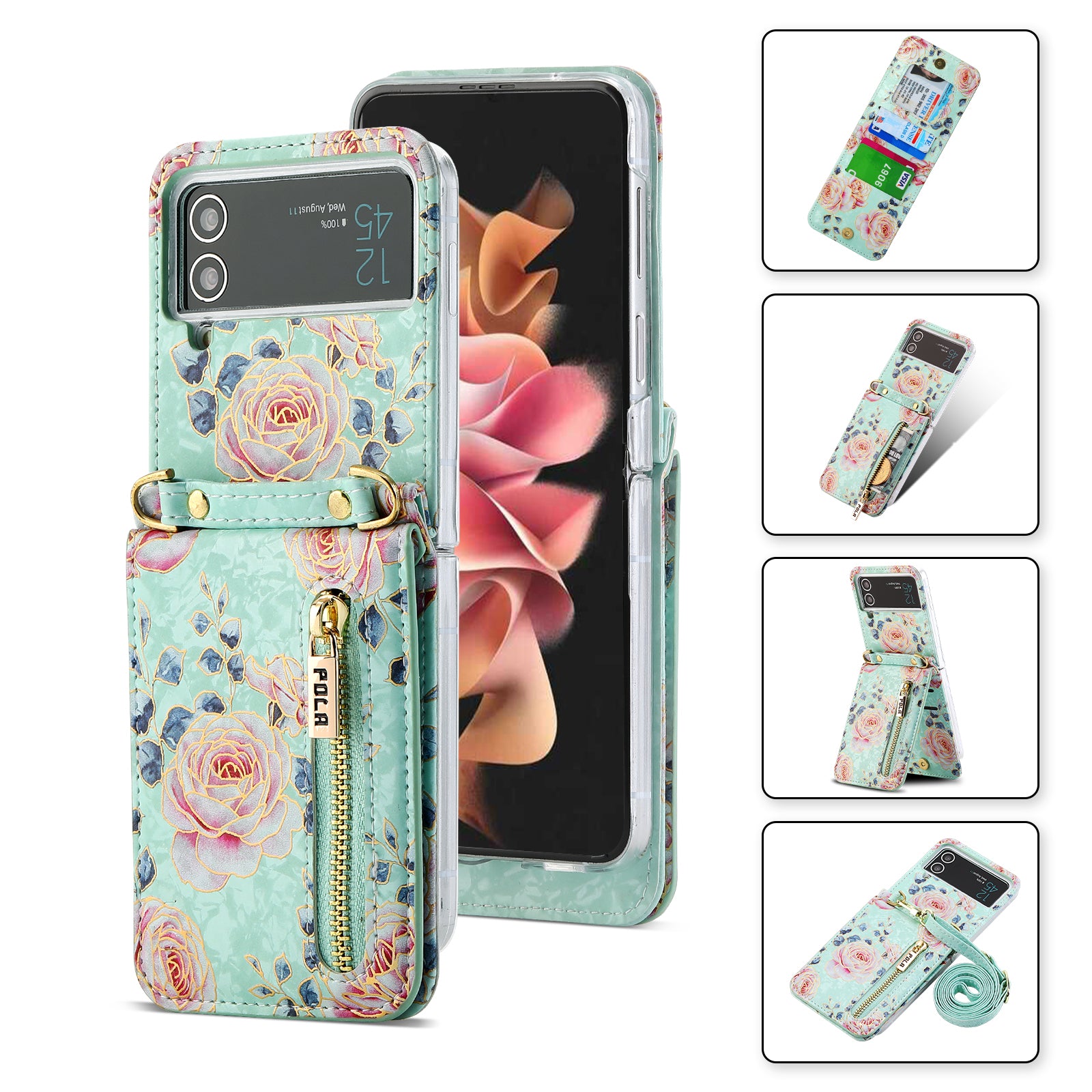 POLA For Samsung Galaxy Z Flip4 5G PU Leather Kickstand Phone Case Rose Pattern Printing Zipper Coin Pocket Cover with Card Holder POLA For Samsung Galaxy Z Flip4 5G PU Leather Kickstand Phone Case Rose Pattern Printing Zipper Coin Pocket Cover with Card Holder
